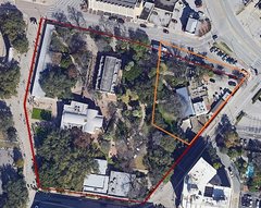 Figure 1. Recent aerial of the Alamo Grounds. Area of investigation outlined in orange.