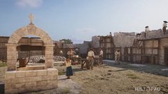 Rendering of Convento Courtyard during Mission Era with a well and a child playing next to it