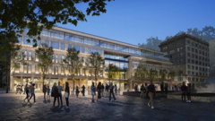 Evening view of facade of Alamo Visitor Center and Museum