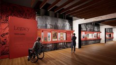 Museum gallery with movie posters on the wall framed with red paneling