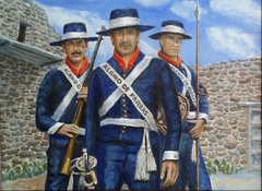 Painting of three soldiers from Alamo de Parras company in front of the Alamo