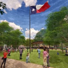 Rendering of large Texas flag on a pole in the middle of a community park