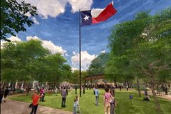 Rendering of large Texas flag on a pole in the middle of a community park