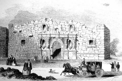 Engraving showing the ruins of the Alamo Church in about 1840 with a carriage and people in fancy dress standing outside.