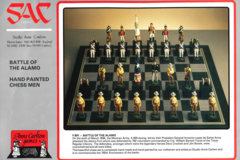 Front of box of a chess set with Battle of the Alamo chess pieces