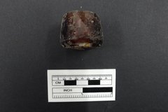 Bottle finish recovered from an excavation unit next to a ruler for size