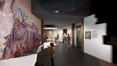 Rendering of Battle of the Alamo gallery in future museum with image of Goliad massacre