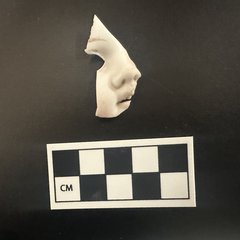 Partial piece of a ceramic doll face showing the nose and part of an eye