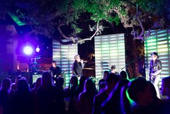 Concert performers on stage in Alamo Gardens with purple and green uplighting