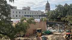 Wooden boards covering building under construction in a garden area
