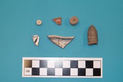 Fragments of ceramics sherds, lithic debitage, brick, and shell on a blue background next to a ruler for size