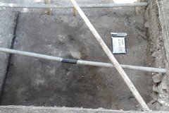Crossed pipes on top of an excavation unit about 60 cm below the surface
