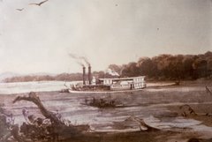 Sepia toned painting of a steamboat in a lake