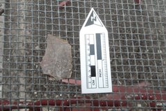 Flake fragment on a wire surface next a ruler for size