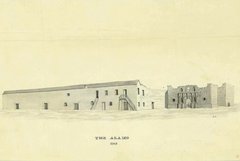 Sketch by Edward Everett of the Alamo Church and Long Barrack in 1848.