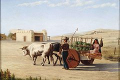 Painting depicting an ox cart driven by a man with a women on board.