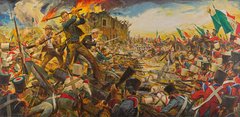 The Alamo movie artwork with John Wayne as David Crockett during the Battle of the Alamo