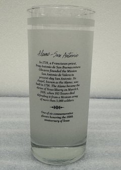 Drinking glass with text on the 150th anniversary of Texas