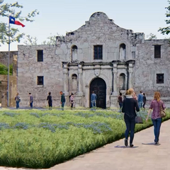 Rendering of Alamo Church with native plants in the green lawn in front