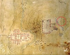 Figure 4. Ygnacio de Labastida. Plan of San Antonio de Béxar and Alamo dated March, 1836. Current Alamo Garden, circled in red, is located in the area of pond and trees. Courtesy Barker Texas History Center, University of Texas at Austin.