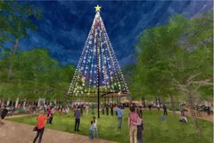 Rendering of Christmas tree made from string lights attached to a pole in a park