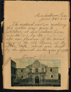 Note dated June 26, 1913 with a photo of Alamo Church at the bottom