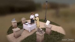 Rendering of Clara Driscoll and Adina de Zavala next to a table with a model of the Alamo
