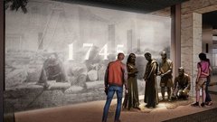 Guests viewing bronze sculptures in front of a scene from 1745