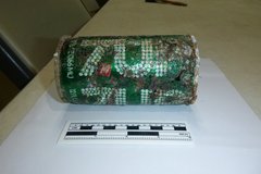 12 oz green aluminum can with white dot lettering next to a ruler for scale