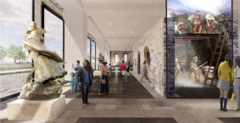 Conceptual rendering of inside lobby of Alamo Visitor Center and Museum, including a bronze statue