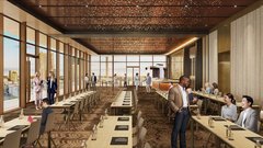 Rendering of venue space with long tables set up for an event