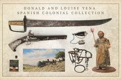 Images of a knife, gun, painting and other Spanish Colonial artifacts against an off white background