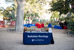 Table with navy linen that says Radiation Oncology Penn Medicine in Alamo Gardens
