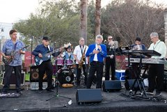Musicians on a stage in an outdoor garden with lead singer in a bright blue coat and black pants