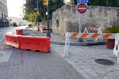 Corner of Long Barrack blocked by traffic bollards