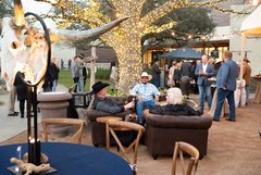 Guests seated on couches outdoors in the gardens during an event
