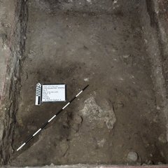 Inside an excavation unit with an exposed burned feature