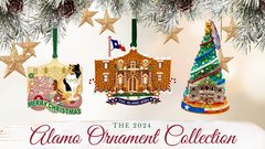 Three Christmas ornaments against a festive backdrop with gold stars and pine tree branches