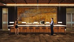 Rendering of bar with a mirrored mural that shows Alamo Church
