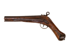 Back view of Miquelet Pistol with Mesquite Stock