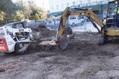Construction trucks in dirt area