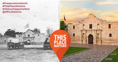 Side by side image of Alamo Church in the 1850s vs. today