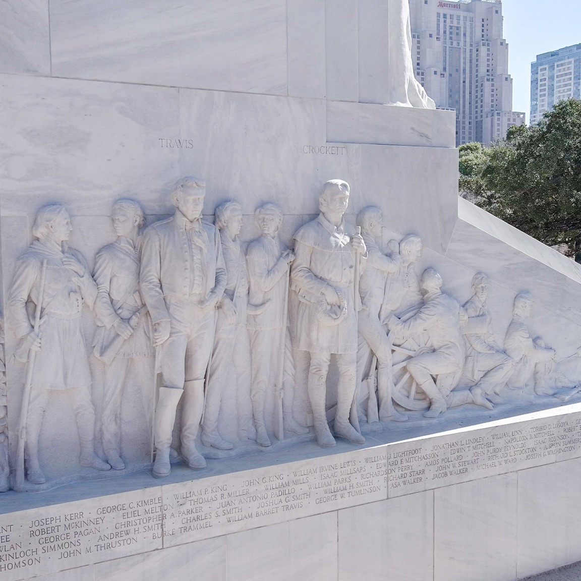 Close up of Alamo Defenders sculpted on Cenotaph monument