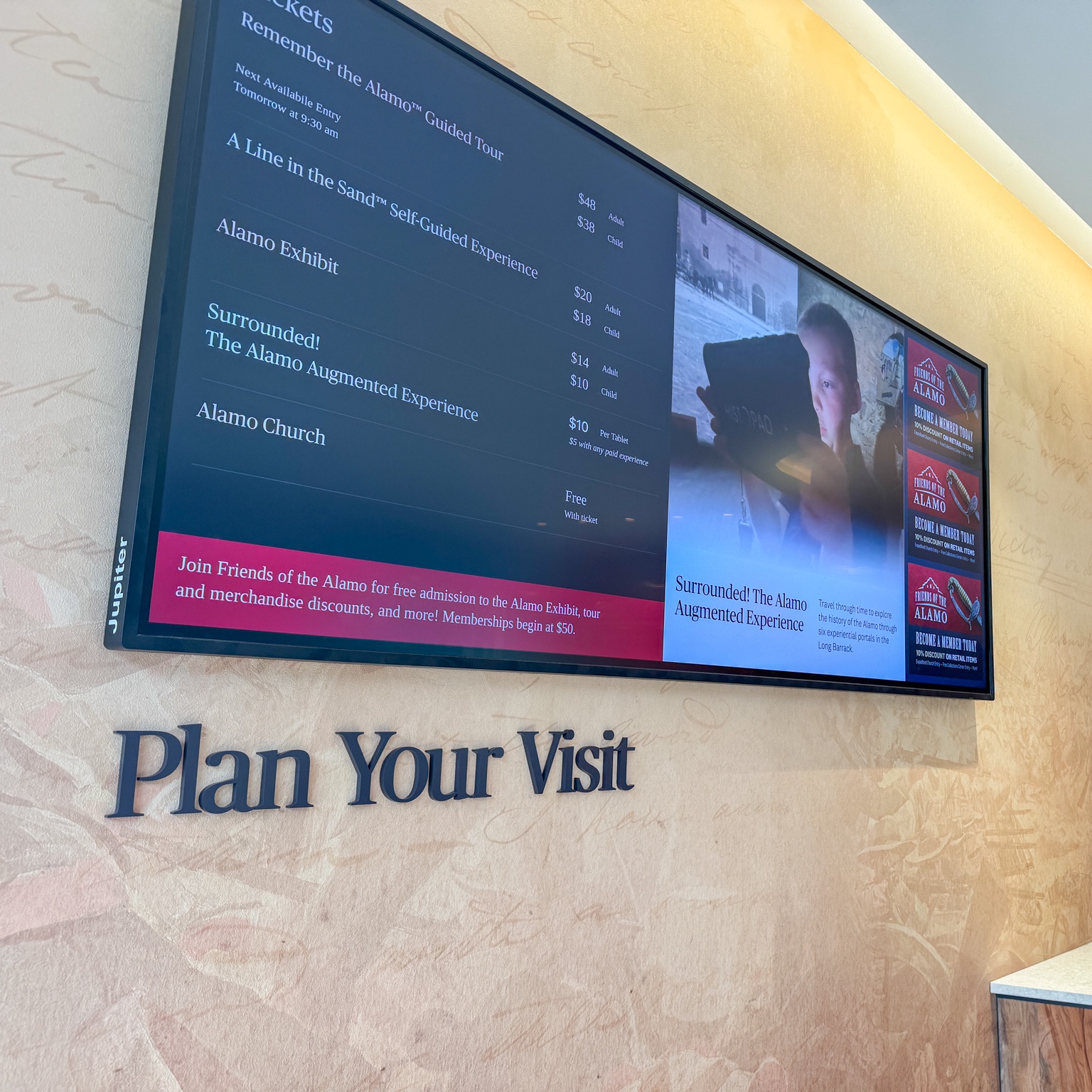 Digital menu screen with tour options