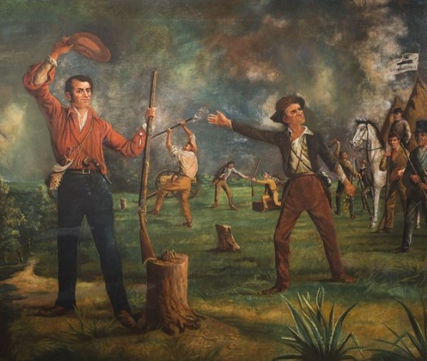 Painting of Ben Milam calling for volunteers