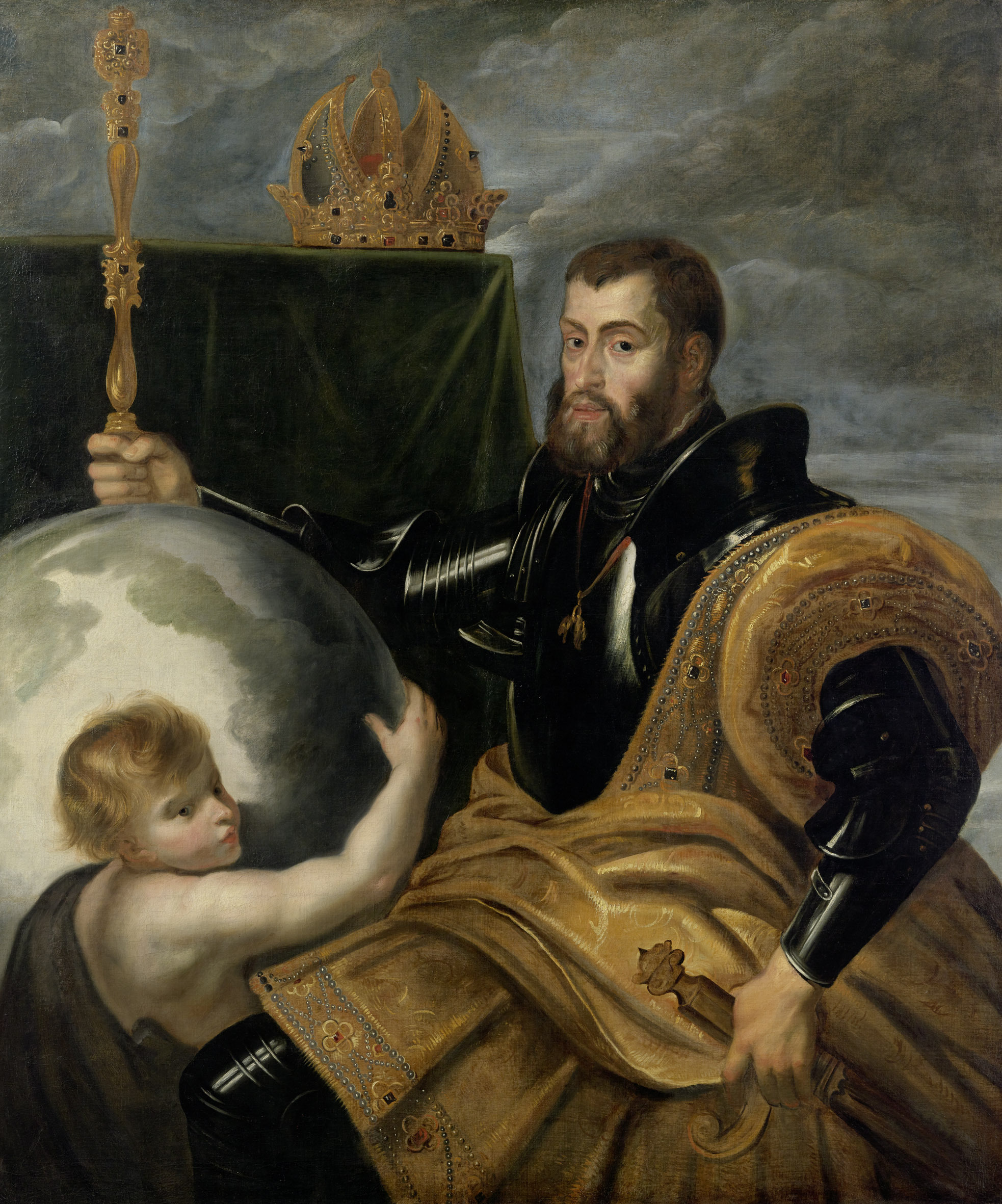 Painting of Charles V next to a globe, a child, and symbols of kings