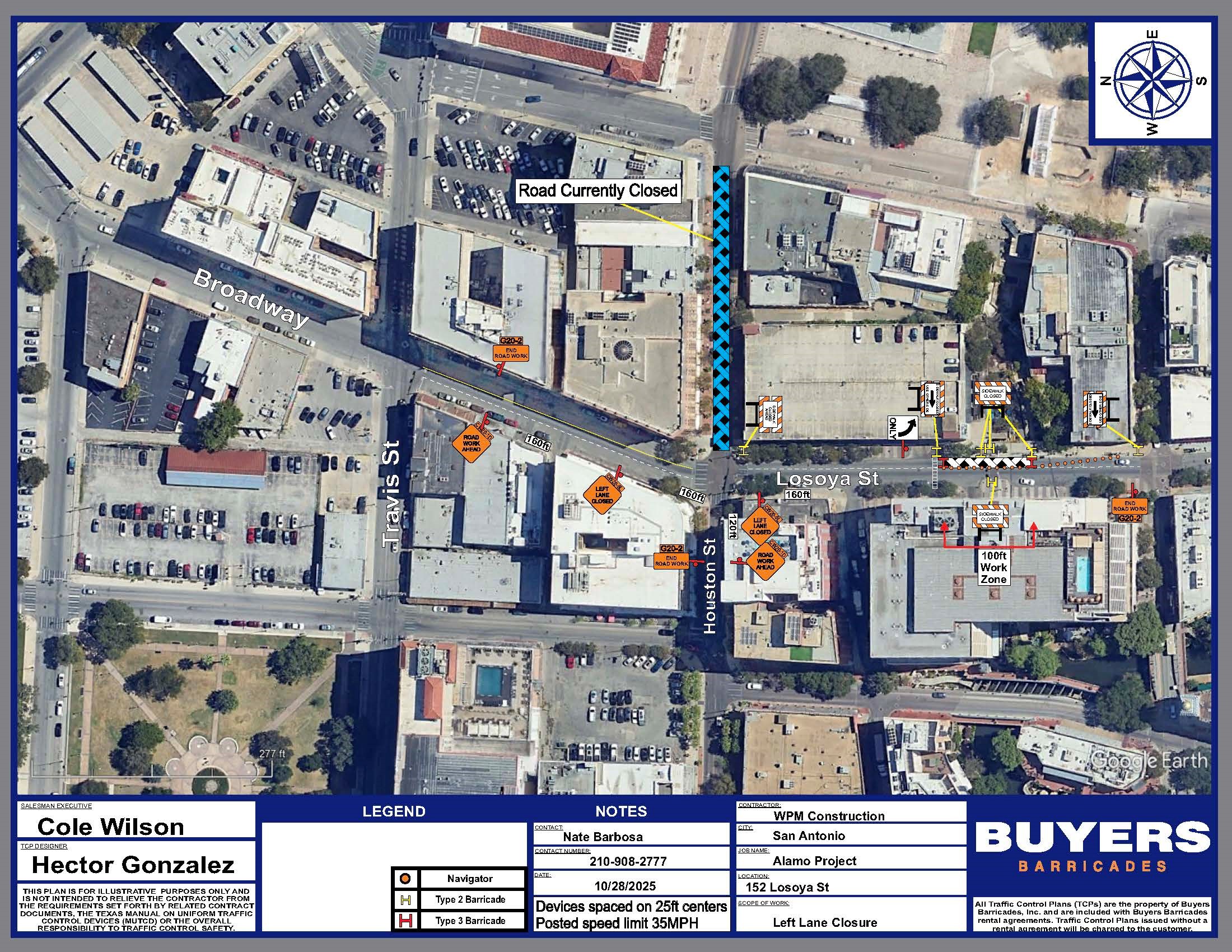 Map of construction on Losoya Street at Bonham and Crockett