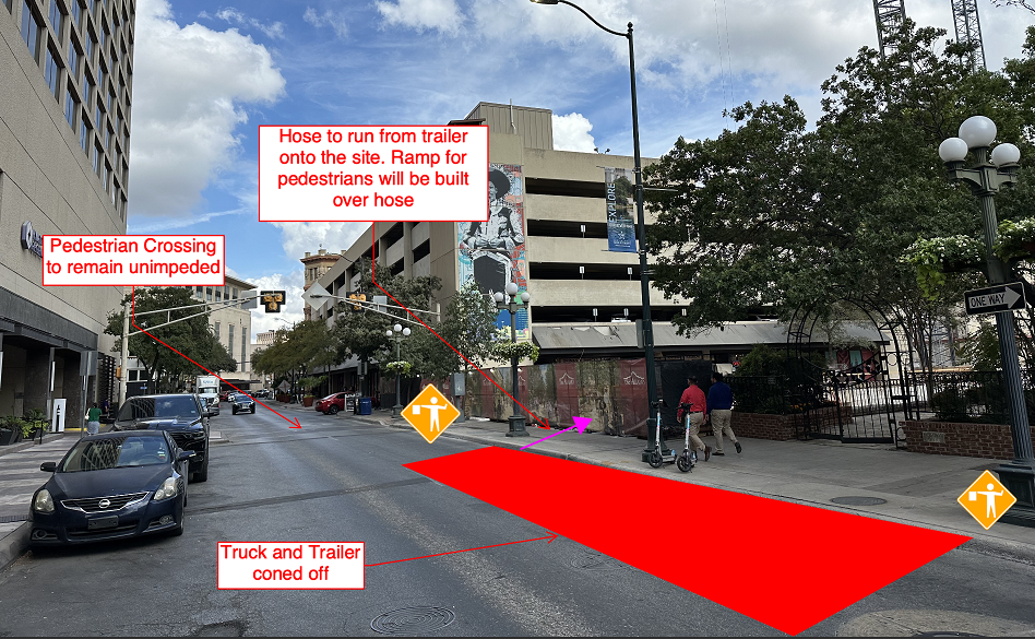 Map of lane and sidewalk closures on Losoya Street