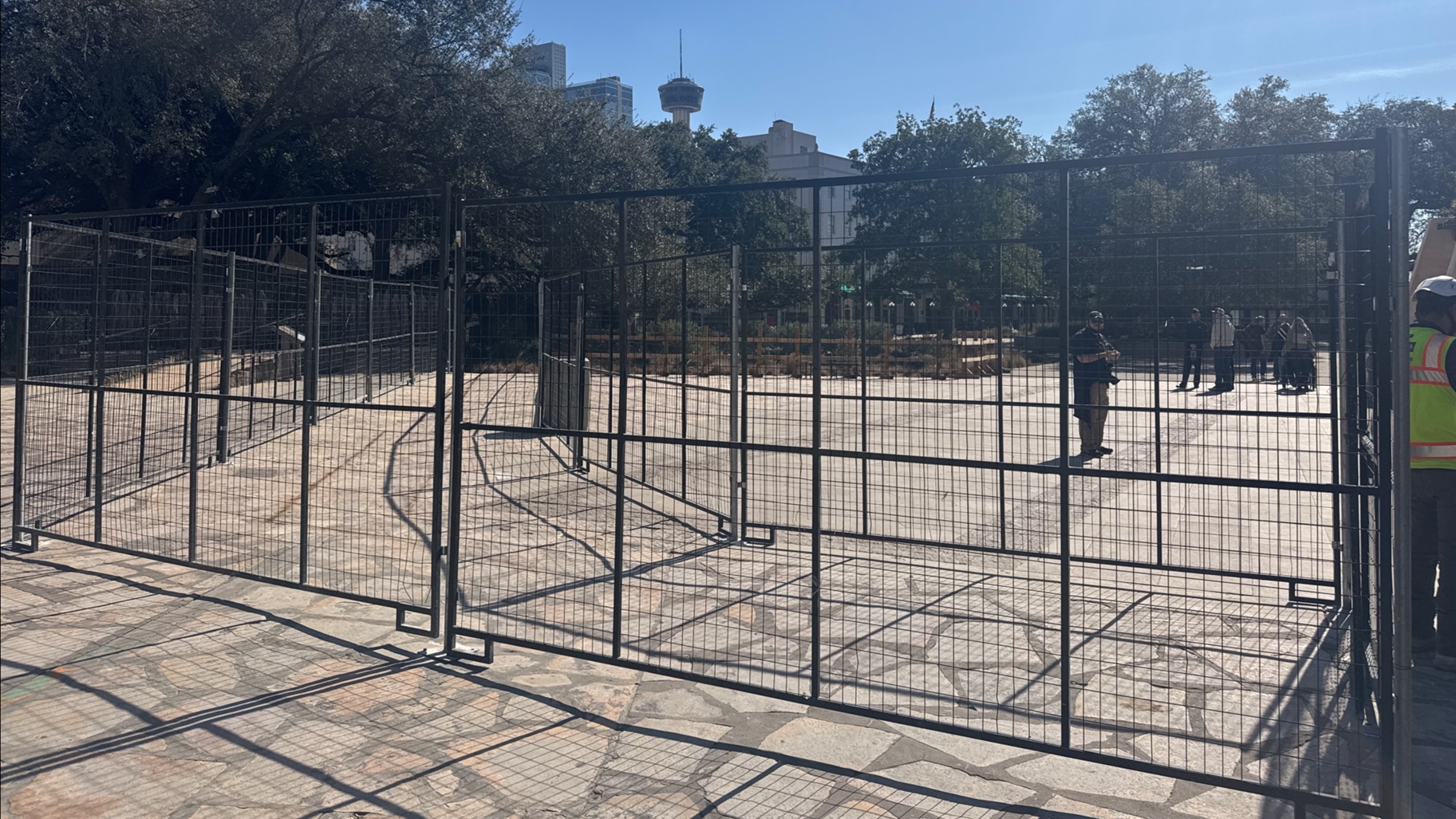 Fencing on the flagstone surface in Alamo Plaza