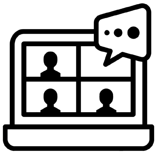 Graphic showing three people in a box with a text bubble over head